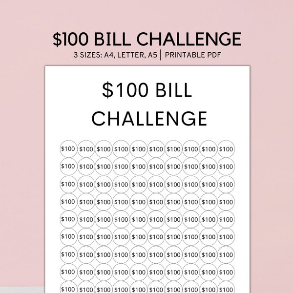 100 Dollar Bill Challenge Printable, 10k Savings Challenge, Savings Tracker, Money Challenge, Digital Download