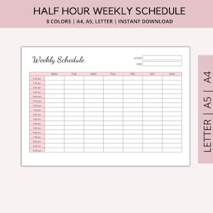 Hour Weekly Schedule Printable, Hour Planner, Weekly Planner Printable, Week At a Glance, A4, LETTER, A5 PDF