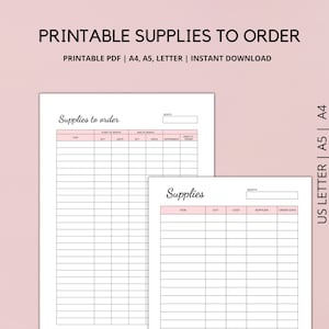 Craft Business Supplies Tracking Printable, Inventory Management, Product Inventory, Supply Order Form, A4, LETTER, A5