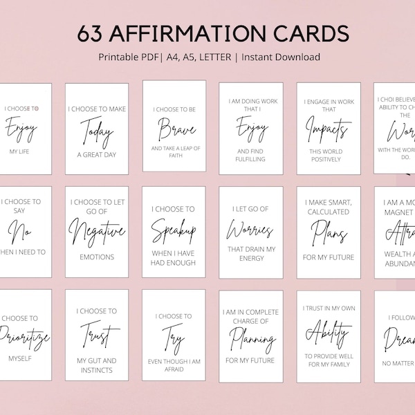 63 Affirmation Cards Printable, Affirmation Cards Digital, Vision Board Printables, Affirmation Cards Deck, Positive Affirmation Cards Pdf