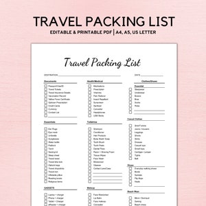 Lista de embalaje de viaje editable, Lista de verificación de viaje imprimible, Planificador de viajes, Organizador de viajes, Planificador de vacaciones de viaje, Lista de embalaje para mujeres