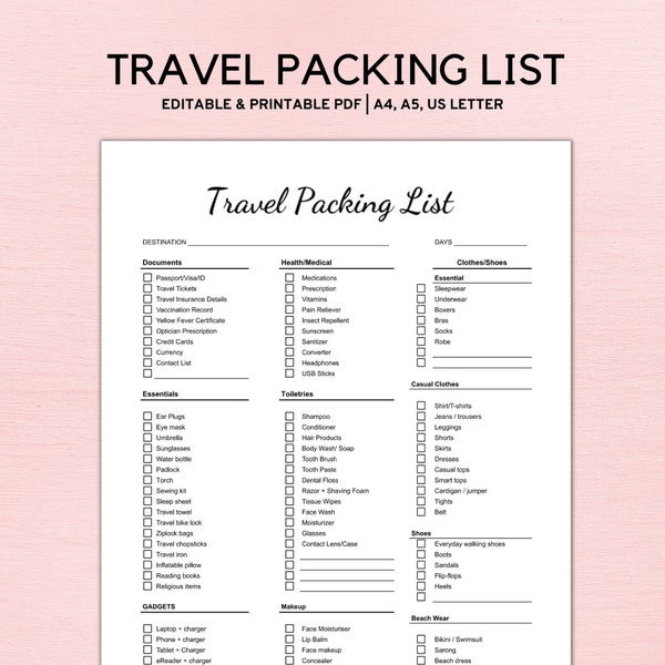 Editable Travel Packing List, Travel Checklist Printable, Travel Planner, Travel Organizer, Travel Vacation Planner, Packing List for Women