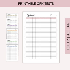 Hoja de prueba OPK imprimible, Planificador de fertilidad, Planificador de embarazo, Tiras reactivas de ovulación, Registro de registros de kits de predictor de ovulación, Planificador de ovulación