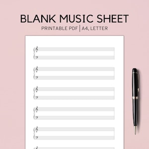 Printable Sheet Music , Blank Sheet Music Printable, Piano Staff Paper. Blank Music Paper, Letter, A4