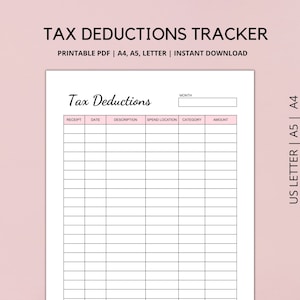 Tax Deduction Tracker Printable, Business Tax Log, Expenses Tracker, Purchase Records, Financial Planner PDF Instant Download