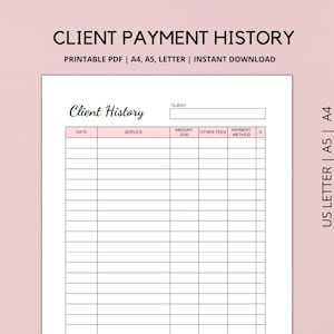 Seguimiento del historial del cliente imprimible, Seguimiento del cliente, Registro de pagos, Seguimiento de pagos, Formulario de pago para pequeñas empresas, A4, A5, CARTA