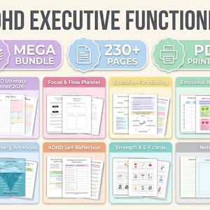 May include: A digital ADHD executive functioning mega bundle with over 230 printable PDF pages. The set includes an ultimate planner for 2026, focus and flow planner, executive functioning guides, emotional regulation sheets, an iceberg workbook, self-reflection pages, strength and E-F cards, and note pages.
