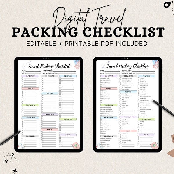 Editable Travel Packing List, Travel Checklist Printable, Travel Planner, Travel Organizer, Travel Vacation Planner, Packing List for Women