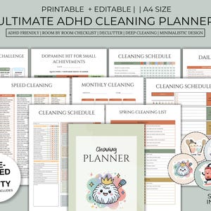 Puede incluir: Un conjunto de planificadores de limpieza imprimibles con el texto "ULTIMATE ADHD CLEANING PLANNER". El planificador incluye listas de verificación, horarios y un desafío de limpieza. Se incluyen pegatinas. El diseño es minimalista y apto para TDAH.