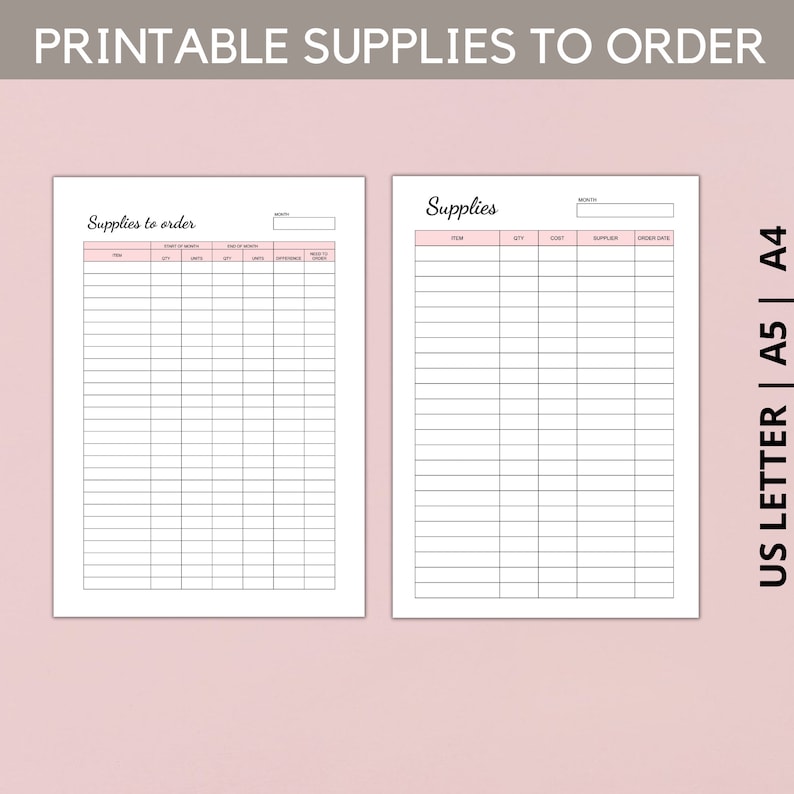 May include: Two printable supply lists, one titled "Supplies to order" and the other titled "Supplies". Both lists have columns for item, quantity, cost, supplier, and order date.