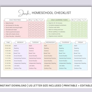 May include: A printable homeschool checklist with the title "Joseph's Homeschool Checklist". It includes daily routines, daily learning tasks, and a detailed schedule for each day of the week. The checklist is designed for US Letter size.
