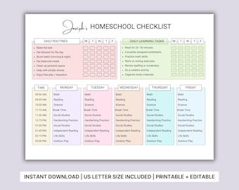 Homeschool Checklist Printable Editable | Daily Routine & Learning Planner | Kids Weekly Schedule Chart | Homeschool Schedule Planner