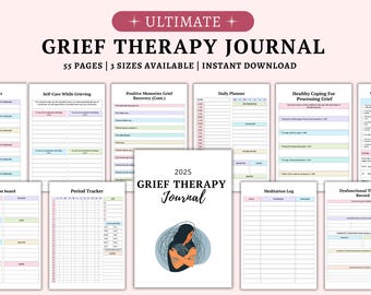 May include: A printable grief therapy journal with 55 pages. The journal cover features a blue and white illustration of a person hugging themself. The journal includes pages for daily planning, self-care, positive memories, healthy coping, meditation, and dysfunctional thoughts.