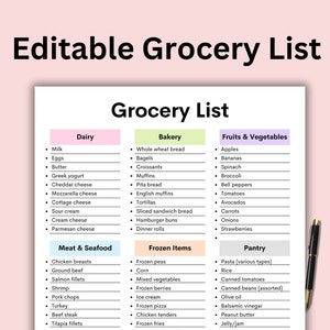 Bearbeitbare Einkaufsliste zum Ausdrucken, Einkaufsliste zum Ausdrucken, Lebensmitteleinkaufsliste, Vorlage für Lebensmittel, Sofort-Download