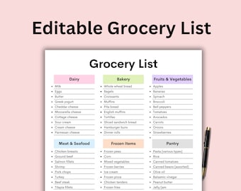 Editable Grocery List Printable, Shopping List Printable, Food Shopping List, Grocery Template, Instant Download