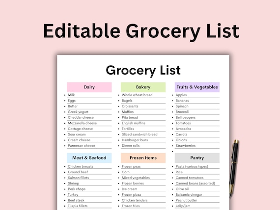 Editable Grocery List Printable, Shopping List Printable, Food Shopping List, Grocery Template, Instant Download