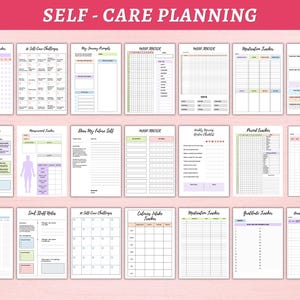 May include: A printable self-care planner with pages for tracking mood, goals, gratitude, and more. The planner has a pink, green, and blue color scheme.