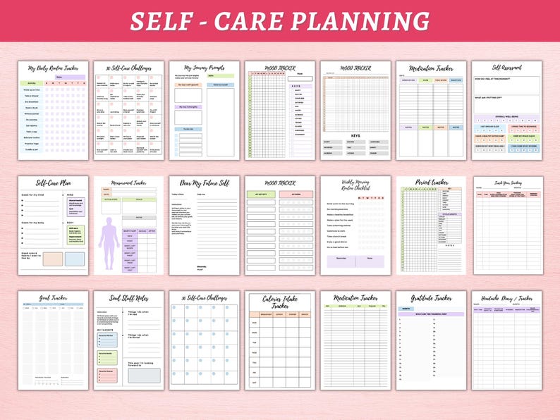 May include: A printable self-care planner with pages for tracking mood, goals, gratitude, and more. The planner has a pink, green, and blue color scheme.