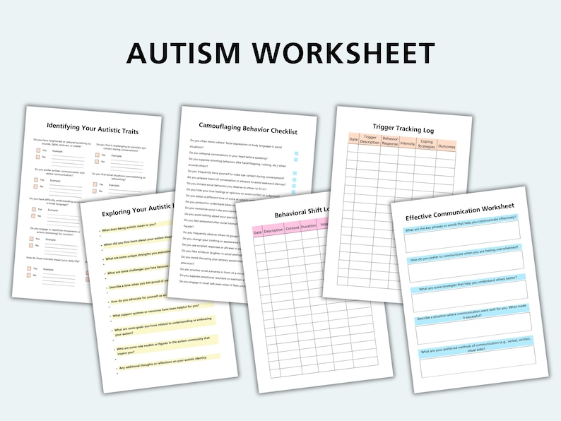 May include: A set of printable autism worksheets with titles including "Identifying Your Autistic Traits", "Camouflaging Behavior Checklist", "Trigger Tracking Log", "Exploring Your Autistic Traits", "Behavioral Shift Log", and "Effective Communication Worksheet".