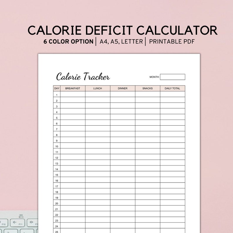 Puede incluir: Un rastreador de calor&iacute;as imprimible con un dise&ntilde;o en blanco y negro. El rastreador tiene columnas para el d&iacute;a, el desayuno, el almuerzo, la cena, los refrigerios y el total diario. El rastreador est&aacute; dise&ntilde;ado para ayudar a las personas a controlar su ingesta cal&oacute;rica.