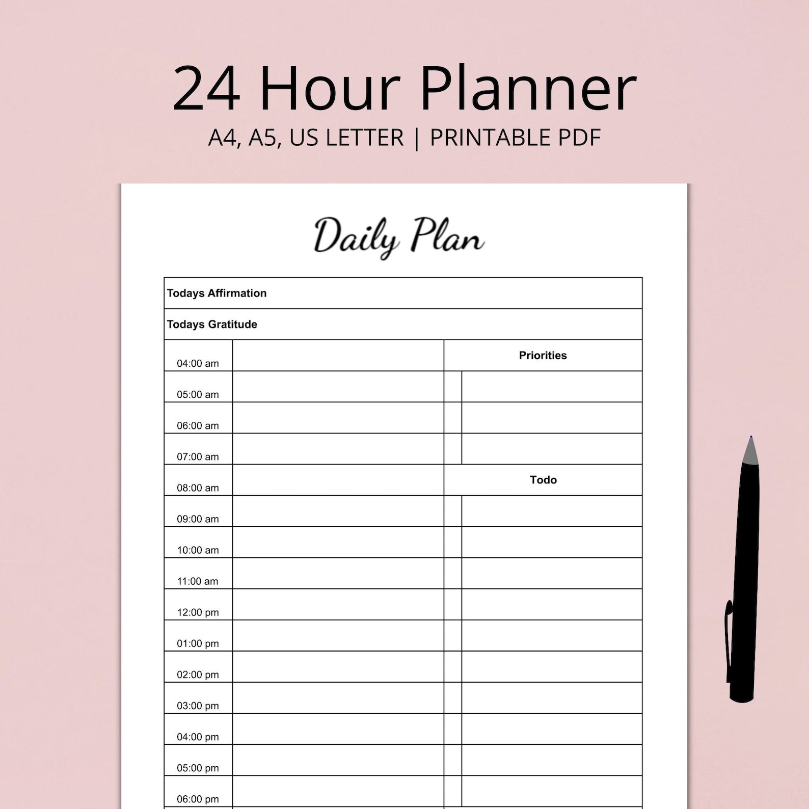 24 Hour Daily Planner Printable Daily to Do List Daily Etsy