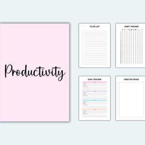May include: A printable productivity planner with sections for a to-do list, habit tracker, goal tracker, and creative space. The planner has a pink background with the word "Productivity" in black.