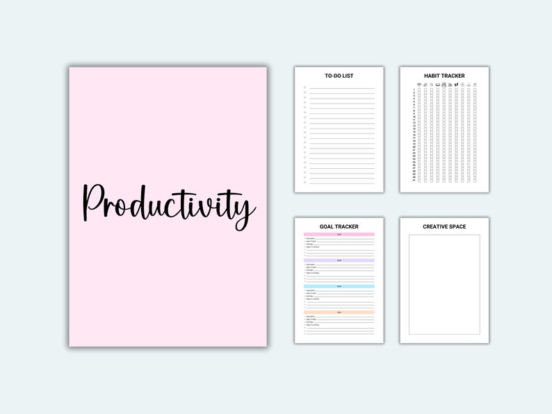 May include: A printable productivity planner with sections for a to-do list, habit tracker, goal tracker, and creative space. The planner has a pink background with the word "Productivity" in black.