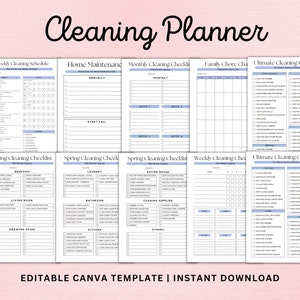 Ultieme schoonmaakchecklist bewerkbaar, wekelijkse schoonmaakchecklist, maandelijks schoonmaakschema, familieklusjesschema, bewerkbare Canva-sjabloon