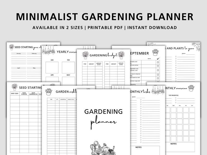 K&ouml;nnte beinhalten: Ein schwarz-wei&szlig;er druckbarer Gartenplaner mit Seiten f&uuml;r die Saatgut-Anzucht, den Jahres&uuml;berblick, das Gartenbudget, die monatlichen Aufgaben, den monatlichen &Uuml;berblick und die Pflanzen, die man anbauen m&ouml;chte. Der Planer enth&auml;lt den Text "Minimalist Gardening Planner" und "Available in 2 sizes | Printable PDF | Instant Download".