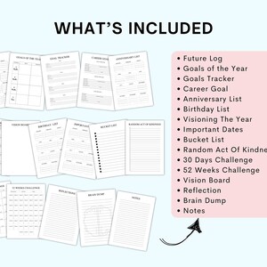 May include: A printable planner with a pink background and black text. The planner includes pages for future log, goals of the year, goals tracker, career goal, anniversary list, birthday list, visioning the year, important dates, bucket list, random act of kindness, 30 days challenge, 52 weeks challenge, vision board, reflection, brain dump, and notes.