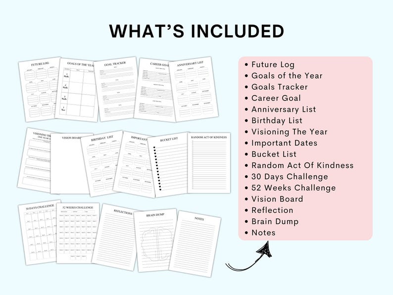 May include: A printable planner with a pink background and black text. The planner includes pages for future log, goals of the year, goals tracker, career goal, anniversary list, birthday list, visioning the year, important dates, bucket list, random act of kindness, 30 days challenge, 52 weeks challenge, vision board, reflection, brain dump, and notes.