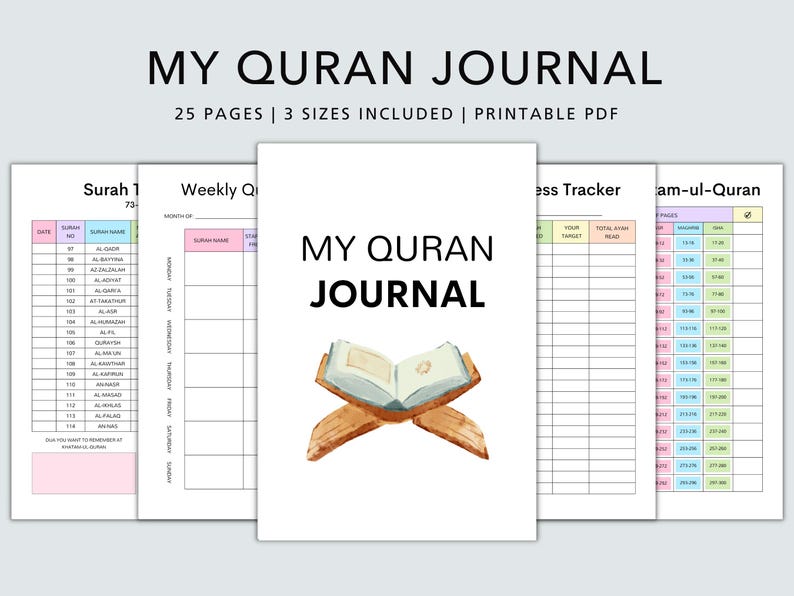 May include: A printable Quran journal with 25 pages. The cover features a watercolor illustration of an open Quran on a stand. The text on the cover reads "My Quran Journal".