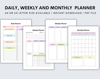 Daily Planner, Weekly Planner, Monthly Planner Bundle, Undated Planner Insert Sets To do List, Productivity, Work Day, Hourly, us letter, A4