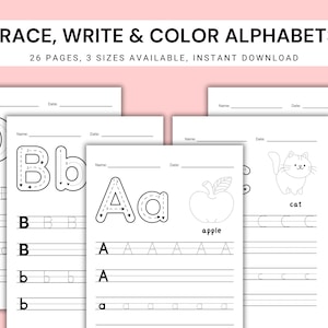 May include: Black and white alphabet tracing worksheets with letters A, B, and D, plus an apple, cat, and elephant illustrations. The worksheets include dotted lines for tracing and space for writing. The text says "TRACE, WRITE & COLOR ALPHABETS".