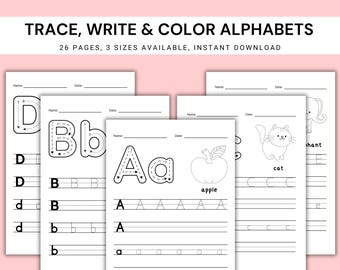 Alphabet Tracing Worksheets Printable, Uppercase and Lowercase Letters, Trace Write Color A-Z Letters, Preschool Kindergarten Handwriting