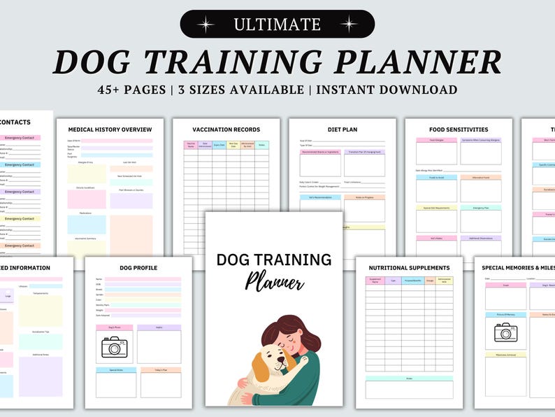 May include: A printable dog training planner with 45+ pages. The cover features a cartoon illustration of a girl hugging a dog. The planner includes sections for medical history, vaccination records, diet plan, food sensitivities, nutritional supplements, special memories, and more.