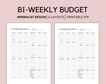 Puede incluir: Dos páginas de planificador de presupuesto bi-semanal imprimibles con un diseño minimalista. La página izquierda tiene secciones para ingresos, facturas, ahorros, gastos y un resumen del presupuesto. La página derecha tiene secciones para ingresos, facturas, ahorros, sobres de efectivo, pagos de deudas y un resumen del presupuesto.