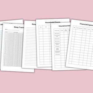 Pu&ograve; includere: Cinque fogli di calcolo stampabili per tenere traccia delle faccende domestiche, del sonno, delle finanze, delle informazioni assicurative e degli appunti. Ogni foglio di calcolo ha un formato a griglia con colonne e righe etichettate.