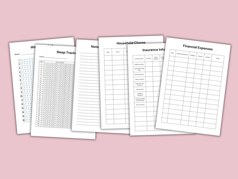 Pu&ograve; includere: Cinque fogli di calcolo stampabili per tenere traccia delle faccende domestiche, del sonno, delle finanze, delle informazioni assicurative e degli appunti. Ogni foglio di calcolo ha un formato a griglia con colonne e righe etichettate.