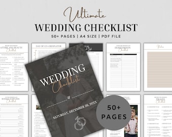 Könnte beinhalten: Eine schwarz-weiße Hochzeitscheckliste mit dem Titel "Wedding Checklist" und dem Text "Samstag, 26. Dezember 20XX". Die Checkliste enthält Abschnitte für Kleidung und Schönheit, Tageskoordinator, gebuchte Lieferanten, Flitterwochen, Reise und Notizen.