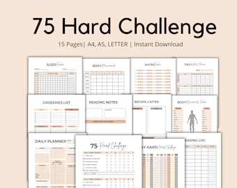 Boho 75 Hard Challenge Tracker, 75 Day Challenge, 75 Medium Challenge, Habit Tracker, Daily Planner, Meal Planner, Reading Log, Pdf