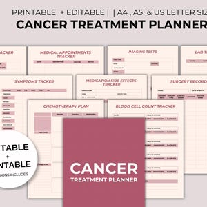 Puede incluir: Un planificador de tratamiento del cáncer imprimible y editable con 14 páginas. El planificador incluye rastreadores para visitas al médico, citas médicas, síntomas, efectos secundarios de medicamentos, quimioterapia, recuento sanguíneo, pruebas de imagen y registros de cirugía.