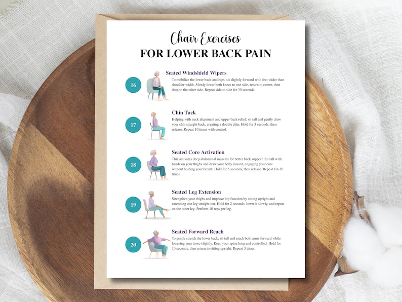May include: A white paper with illustrations and text detailing chair exercises for lower back pain. The exercises include seated windshield wipers, chin tucks, core activation, leg extensions, and forward reach.