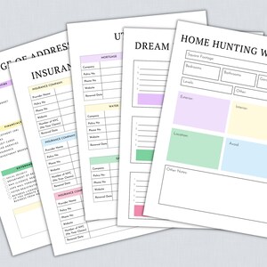 May include: A printable checklist for home hunting with sections for square footage, bedrooms, bathrooms, garage, levels, exterior, interior, location, avoid, and other notes. The checklist is in pastel colors.