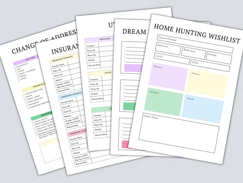 May include: A printable checklist for home hunting with sections for square footage, bedrooms, bathrooms, garage, levels, exterior, interior, location, avoid, and other notes. The checklist is in pastel colors.
