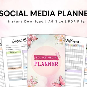 May include: A collection of printable social media planners with a floral and butterfly theme. The central planner features the text "SOCIAL MEDIA PLANNER" in a pink circle. Other pages include sections for weekly schedules, content planning, and tracking followers.