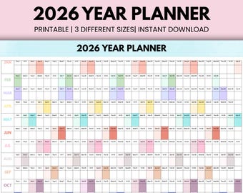 Może przedstawiać: Kolorowy planer roczny na rok 2026 z układem siatki, zawierający sekcje miesięczne i tygodniowe. Planer zawiera tekst "2026 YEAR PLANNER" i "PRINTABLE | 3 DIFFERENT SIZES | INSTANT DOWNLOAD". Miesiące są oznaczone kolorami.
