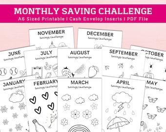 12 Monthly Savings Challenge Bundle, Money Challenge, A6 Mini Savings Challenge Bundle, Savings Tracker Printable, Instant Download