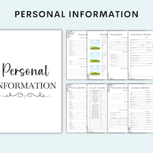 Puede incluir: Documento blanco con las palabras "INFORMACI&Oacute;N PERSONAL" en la parte superior y "Informaci&oacute;n personal" en una fuente de escritura. El documento incluye secciones para informaci&oacute;n personal, infantil, del hogar, de salud, farmacia, acceso, seguro de hogar y de autom&oacute;vil.