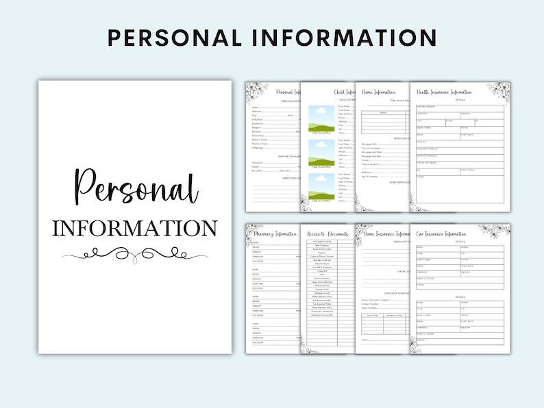 Puede incluir: Documento blanco con las palabras "INFORMACI&Oacute;N PERSONAL" en la parte superior y "Informaci&oacute;n personal" en una fuente de escritura. El documento incluye secciones para informaci&oacute;n personal, infantil, del hogar, de salud, farmacia, acceso, seguro de hogar y de autom&oacute;vil.